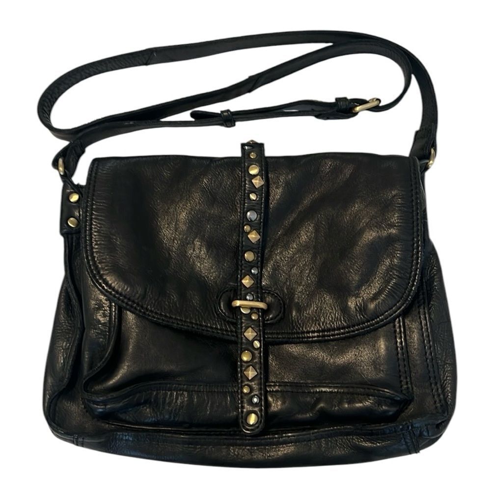 Marta Ponti black leather crossbody bag with silver and gold studded accents EUC